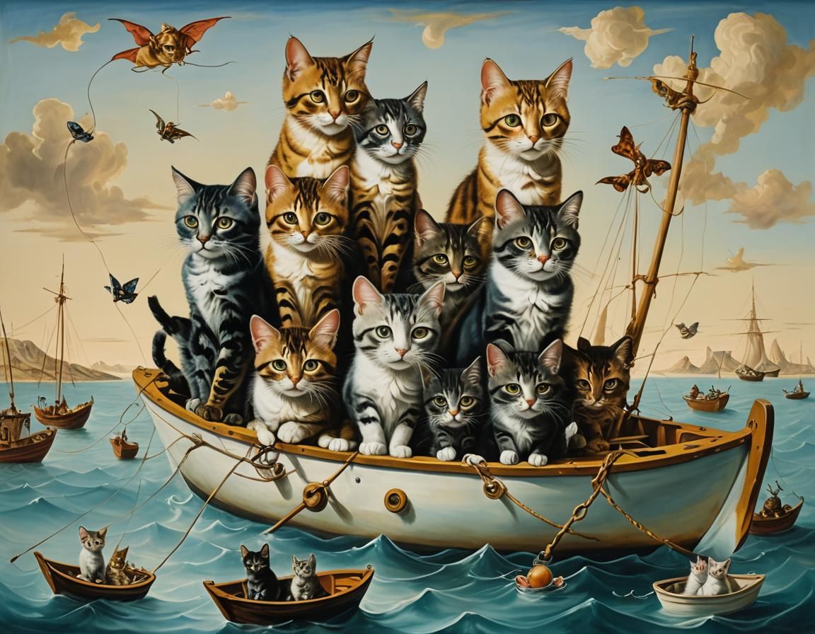 Surreal Cats and Kittens on a Boat, Dali Style