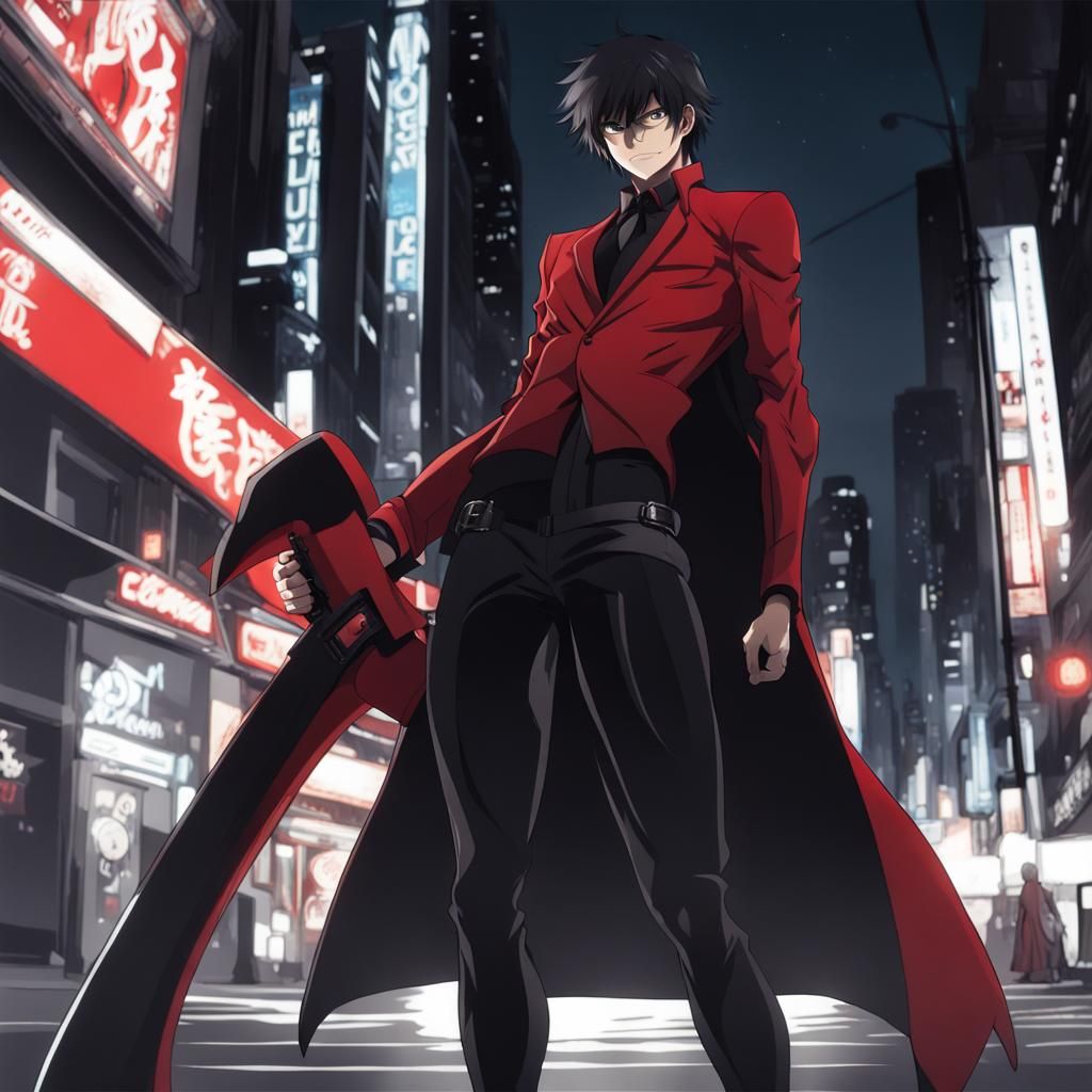 Anime Superhero with Electric Guitar in City