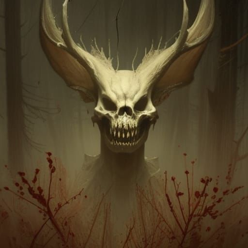 Ornate Deer Skull in Autumnal Forest, Sinister Horror Art