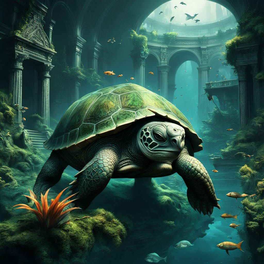 Colossal Stone Turtle Swims Through Underwater Jungle