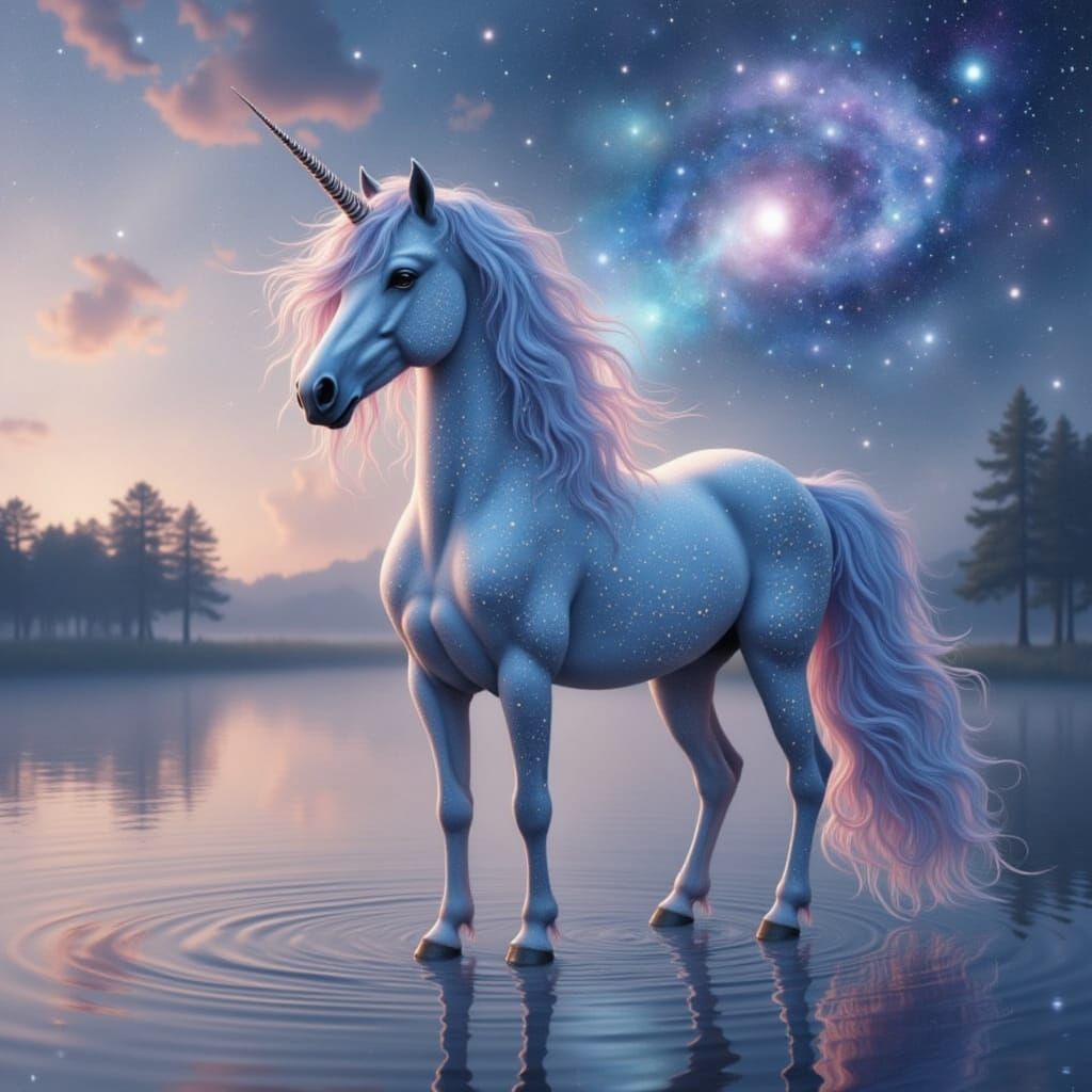 Ethereal Unicorn at Crystalline Lake Under Galaxy Sky