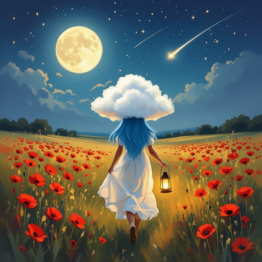 Woman with Blue Hair Wearing Cloud Hat