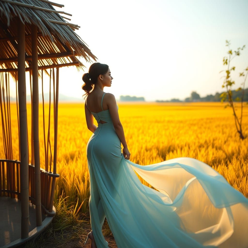 Vietnamese Woman Gazing at Golden Rice Field