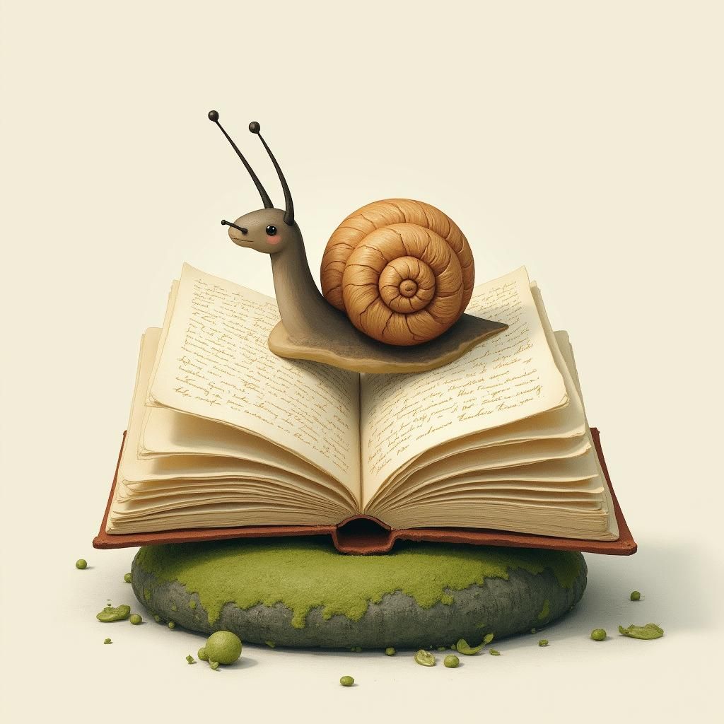 Open Book with Snail in Dreamlike Illustration Style
