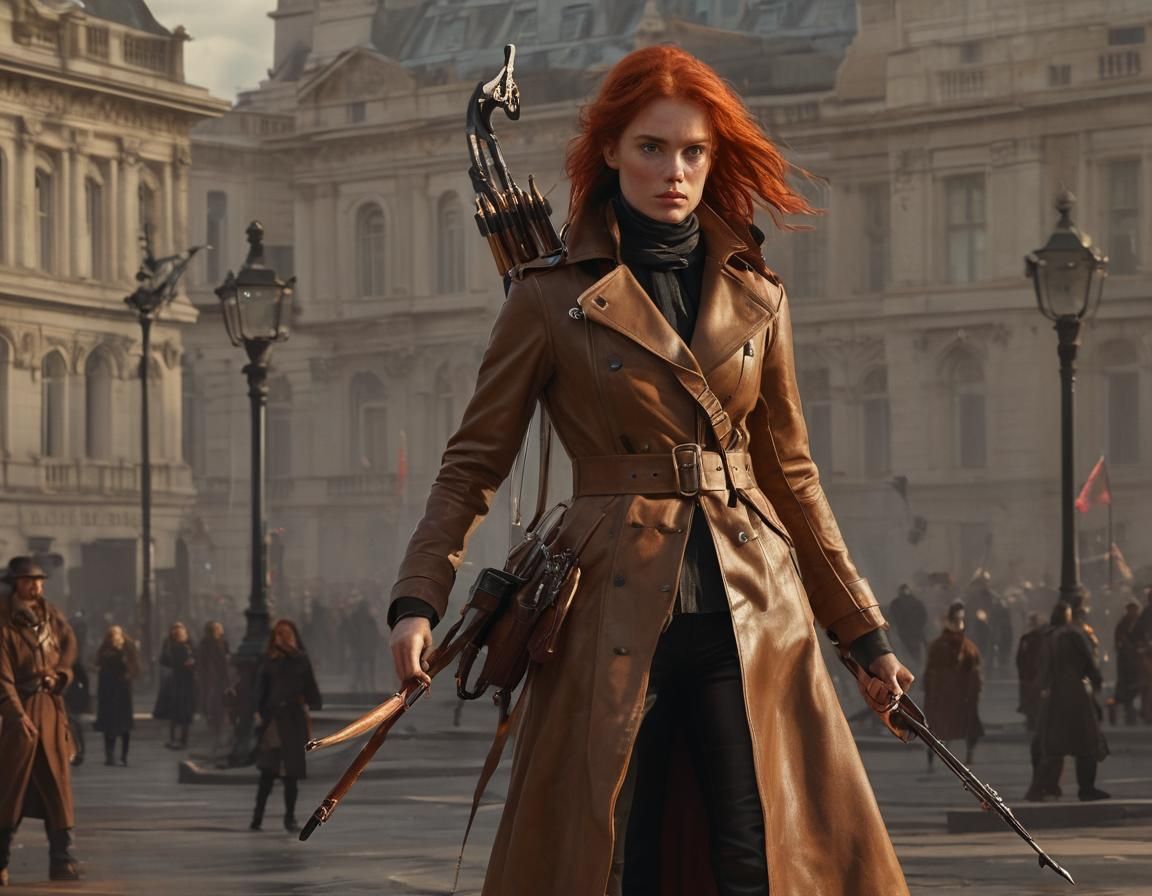 Eliza Bloodstone, a redhaired female monster hunter in a lon...