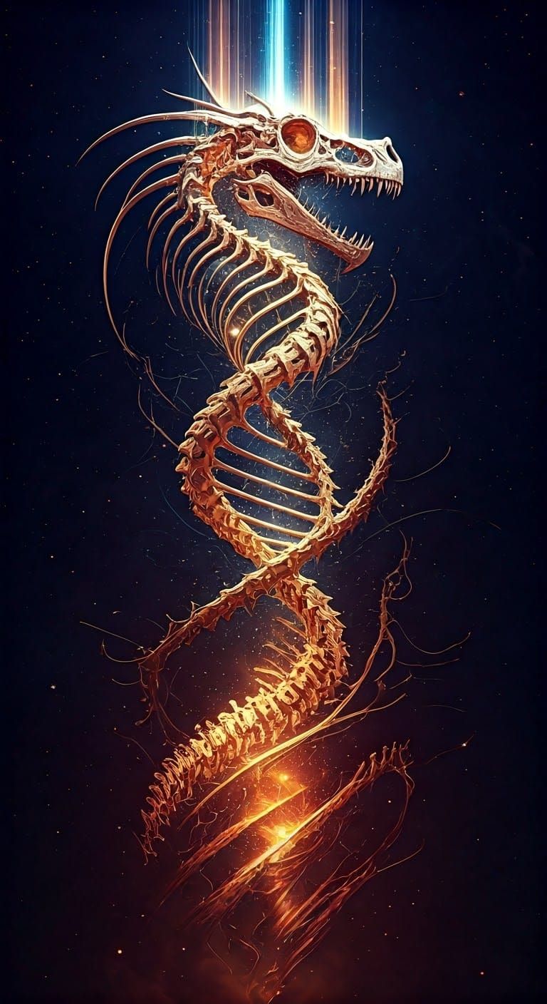 Ancient Dragon Fossil Transforms into Glowing Cosmic Energy