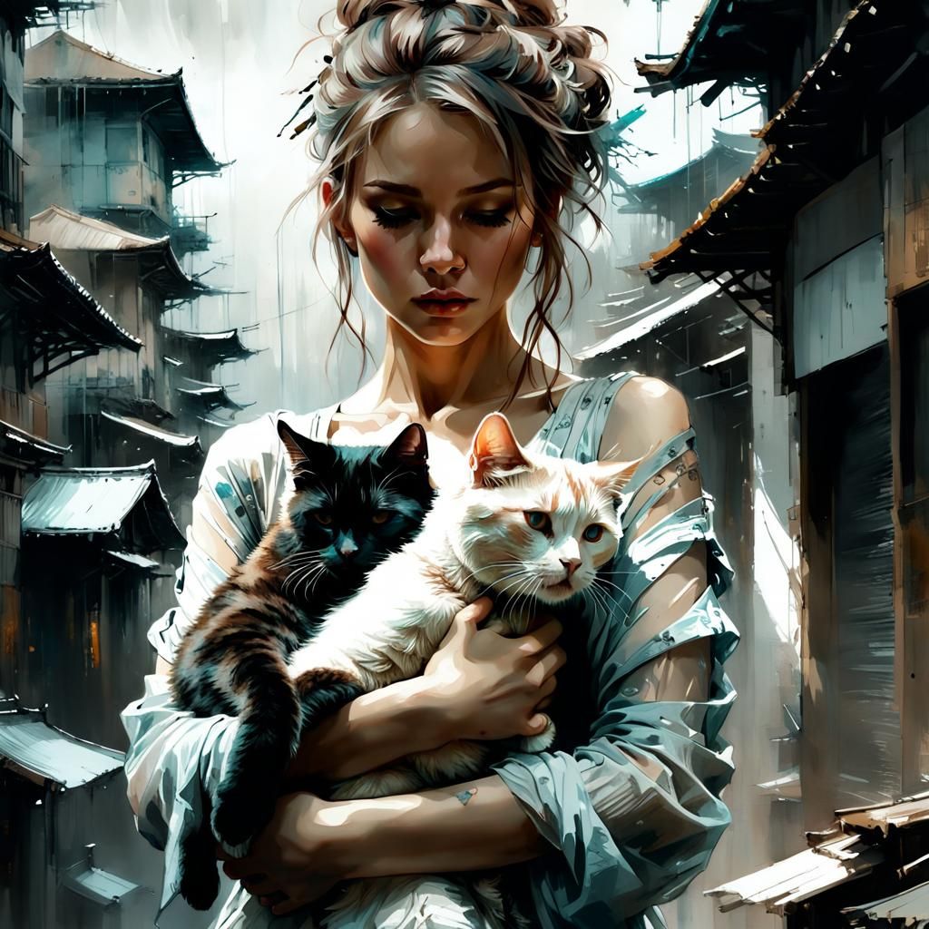 Woman with Cat Portrait in Hyperrealistic Style