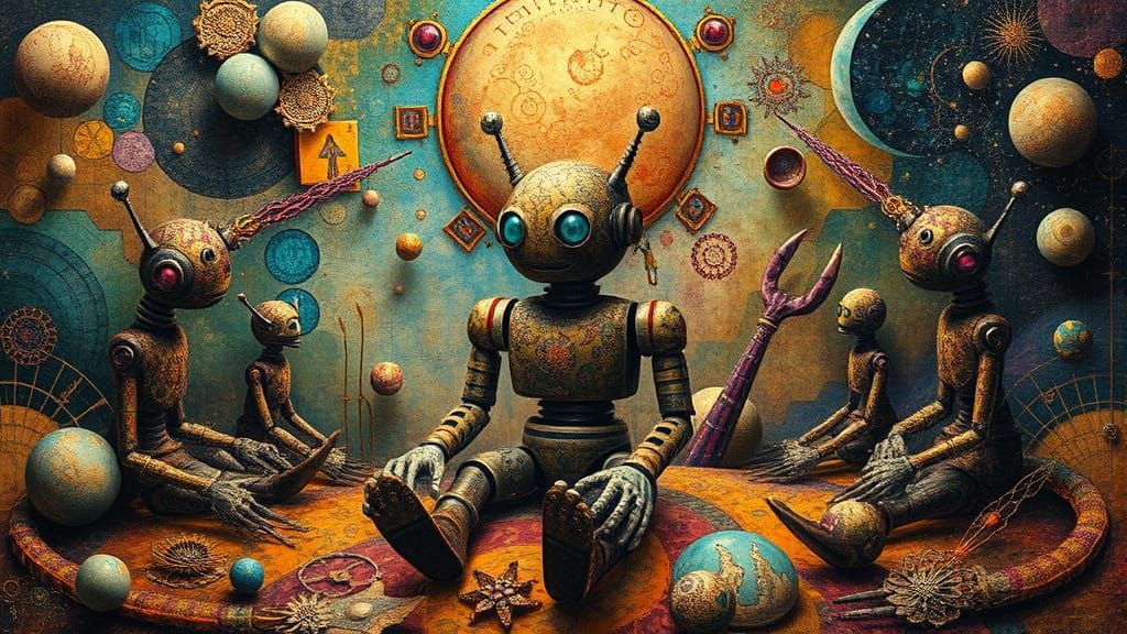 Folkloric Robot in Vibrant, Dreamlike Landscape