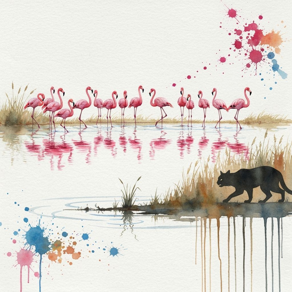 Pink Flamingos in Watercolor with Hidden Predator