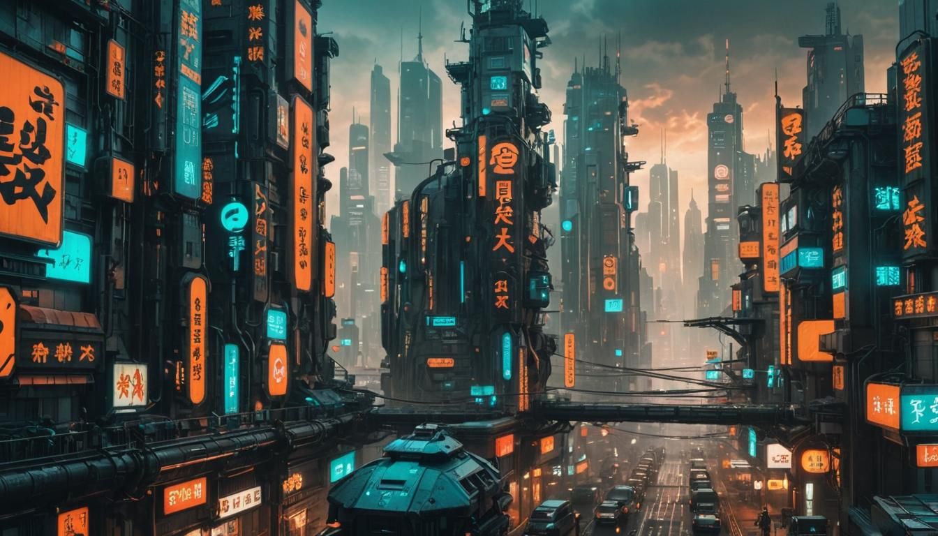 Cyberpunk Cityscape with Futuristic Japanese Logos