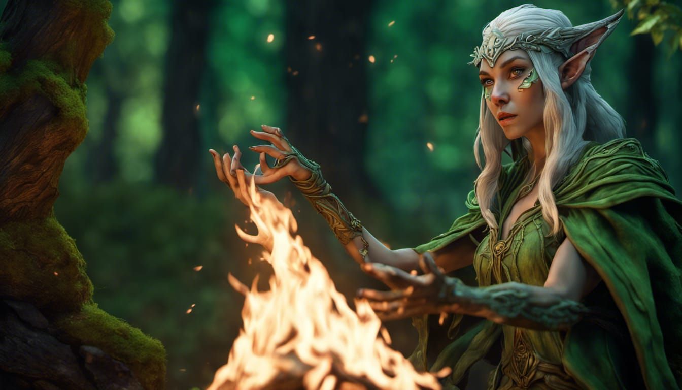 Elven Druid Witch Ritualizing Over Green Flame