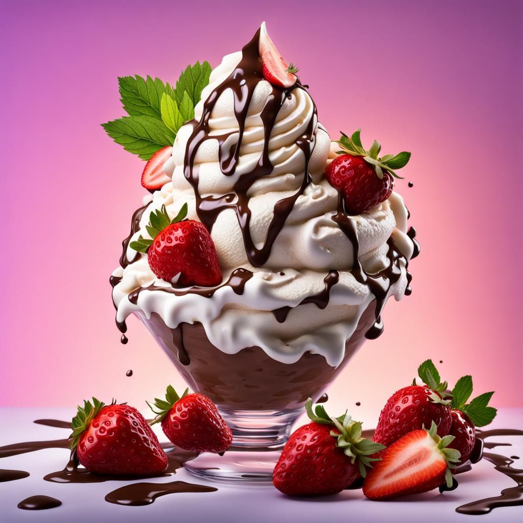 Hyperrealistic Ice Cream Sundae with Chocolate and Strawberr...