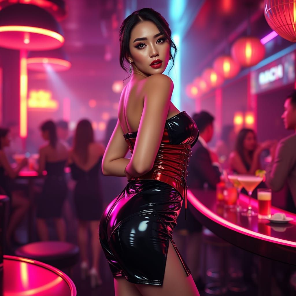 Glamorous Korean Woman in Cyberpunk Club Scene