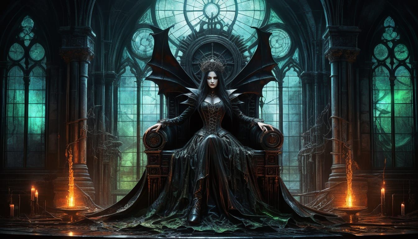 Gothic Vampire Queen in Crumbling Throne Room