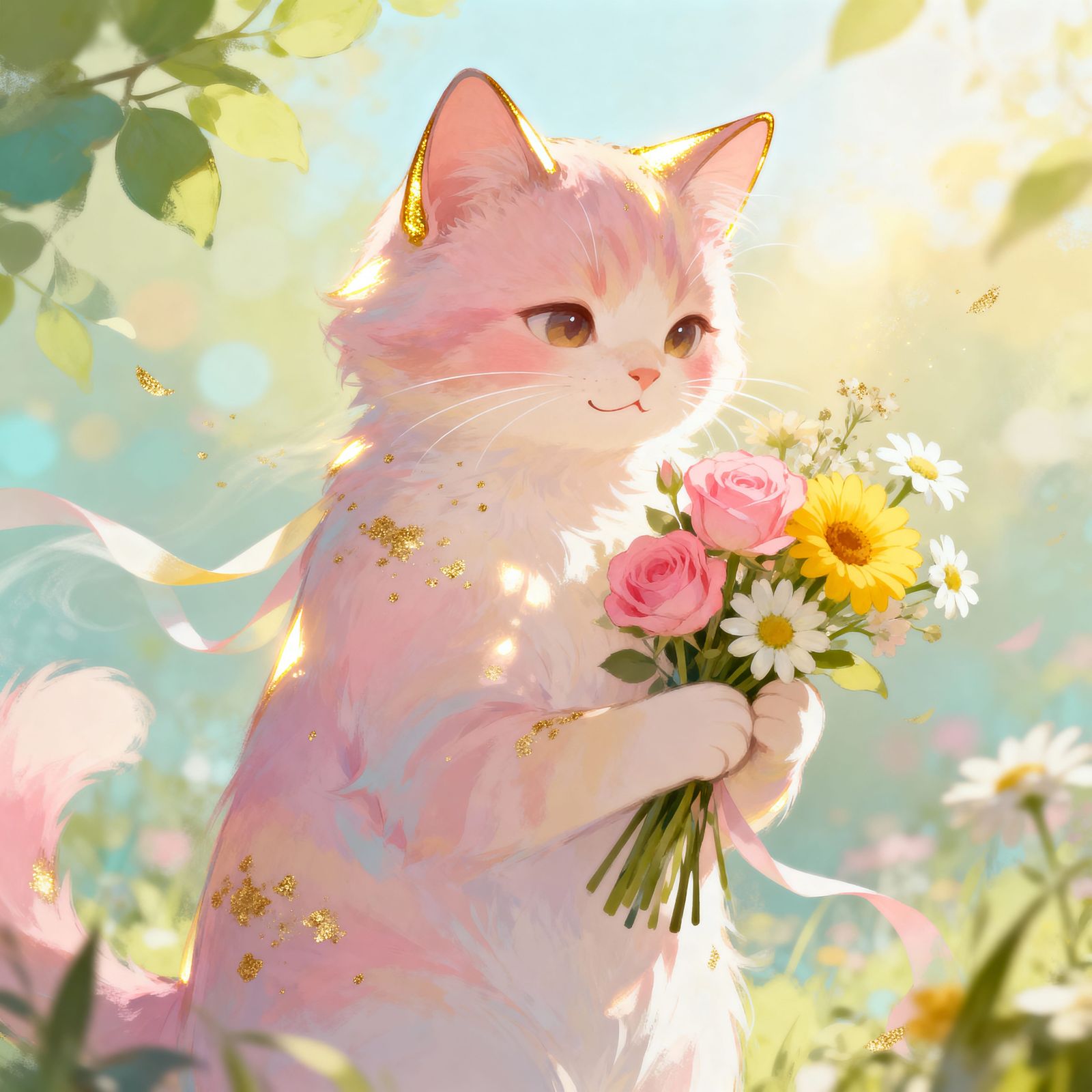 Anthropomorphic Cat Holding Pastel Roses in Sunny Garden
