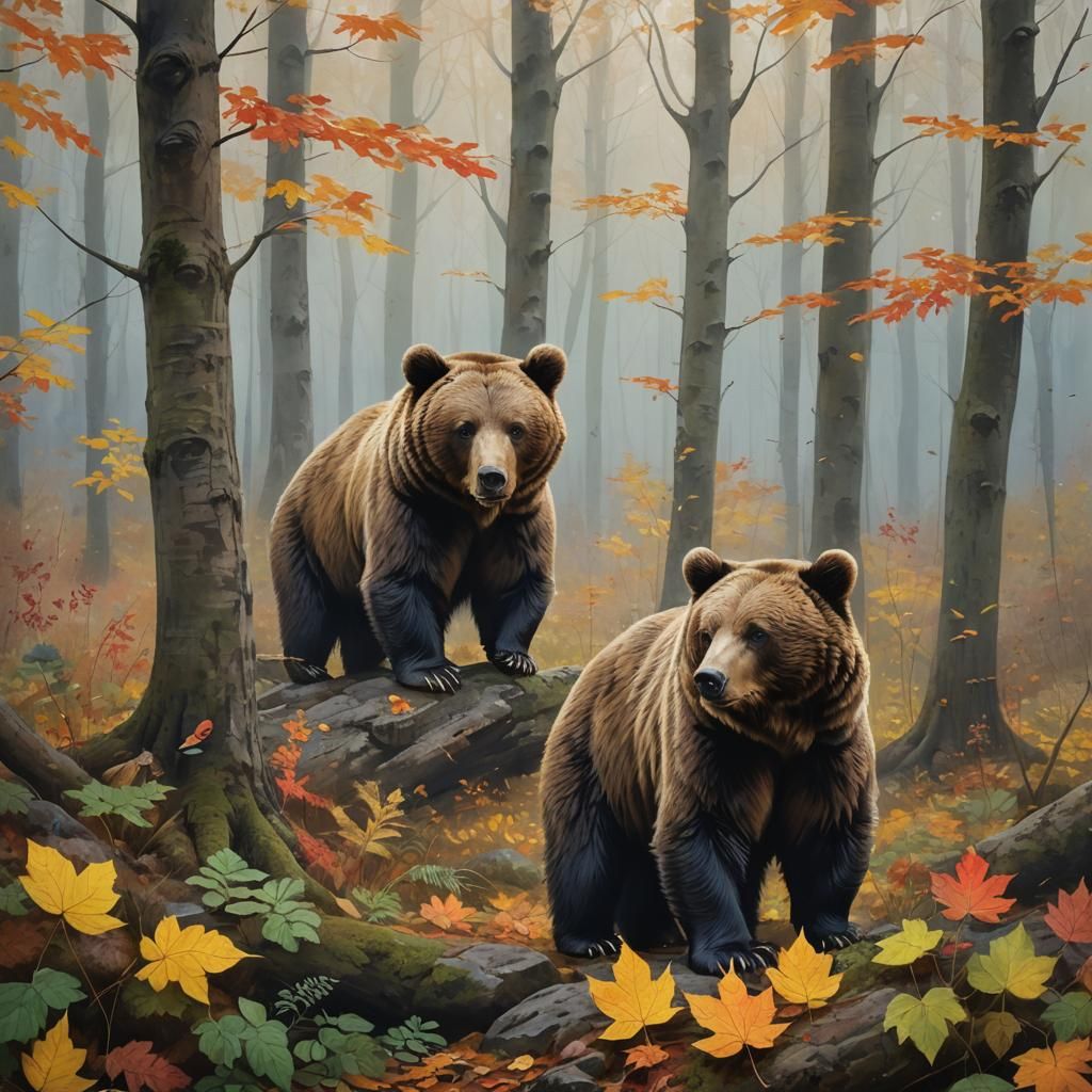 Bear Enters Hibernation in Autumn Forest