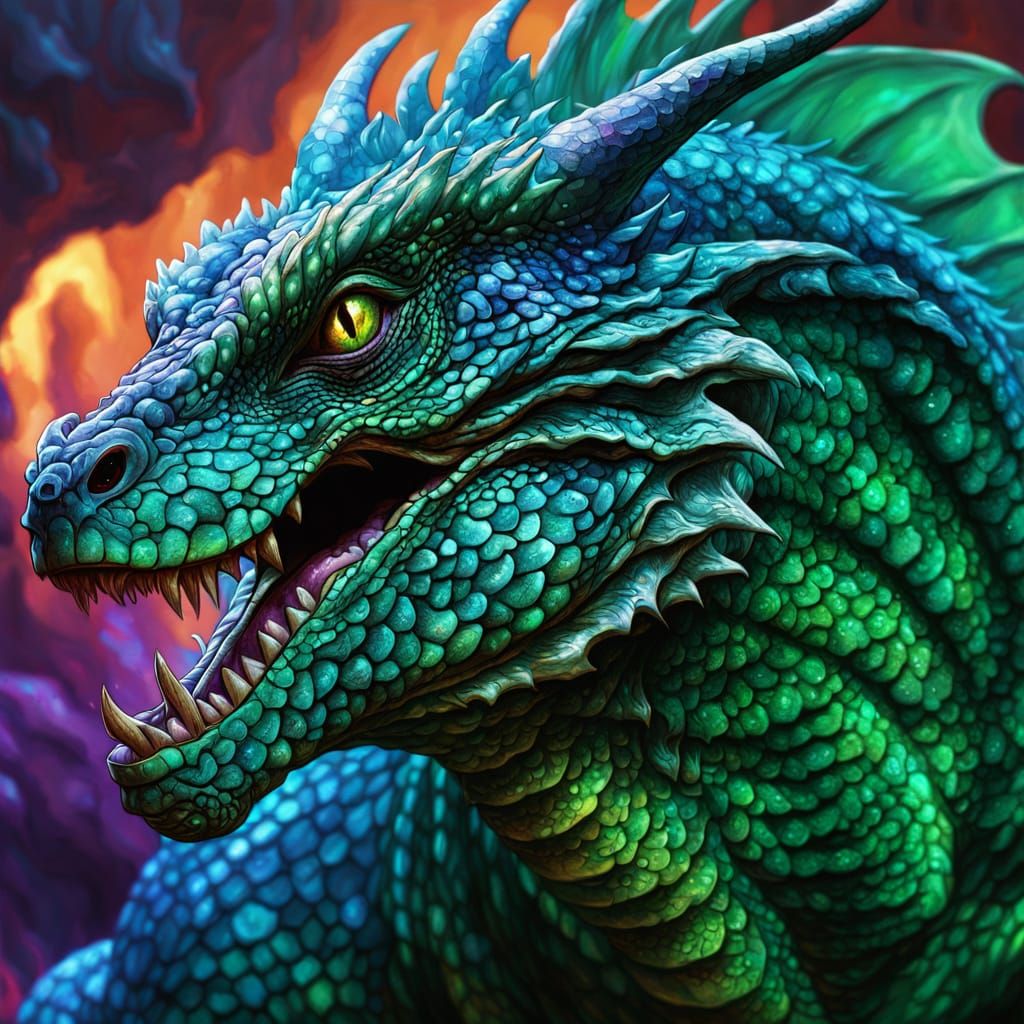 Majestic Basilisk in Iridescent Scales, Ready to Strike