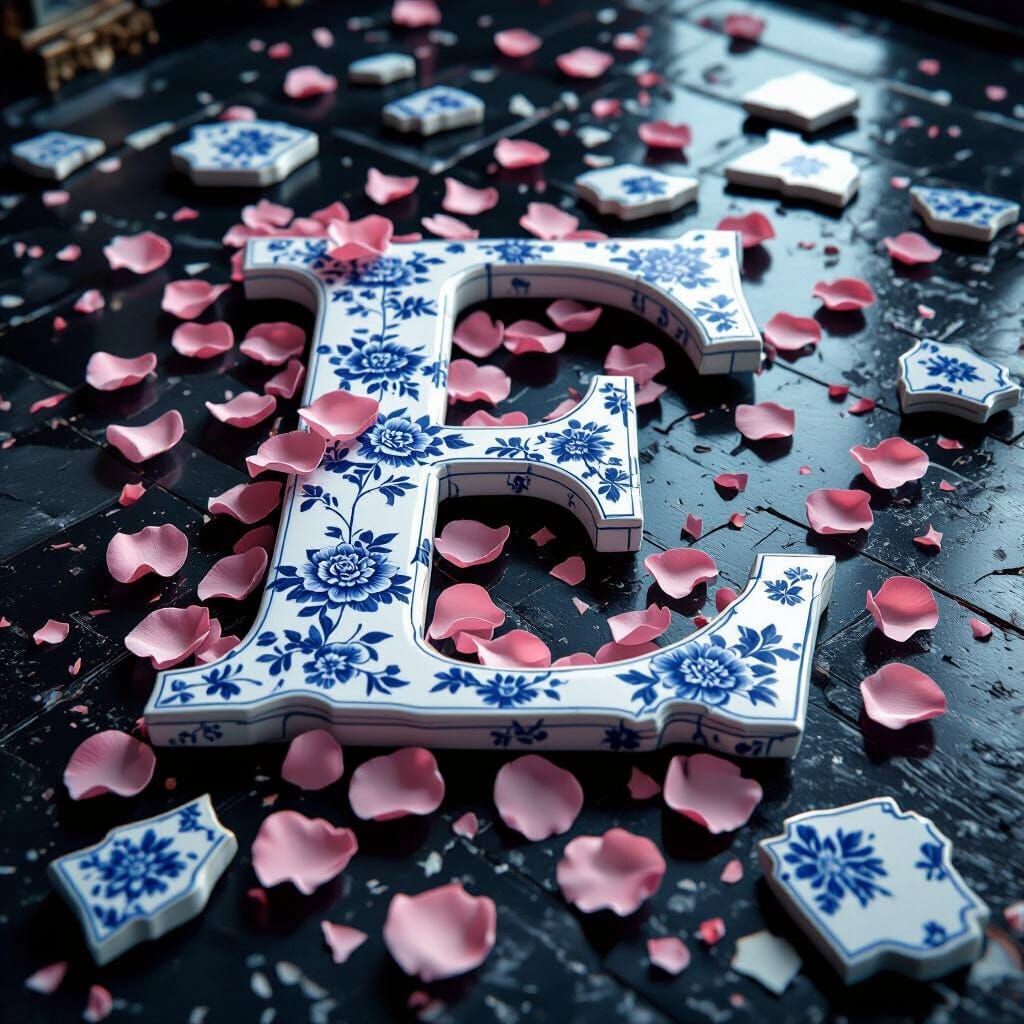 Shattered Blue China Porcelain With Rose Petals Spelling 'E'