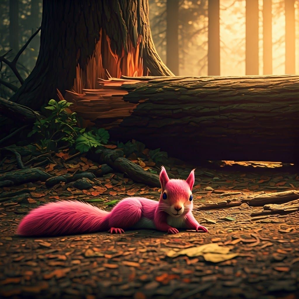 Injured Pink Squirrel in Ruined Forest