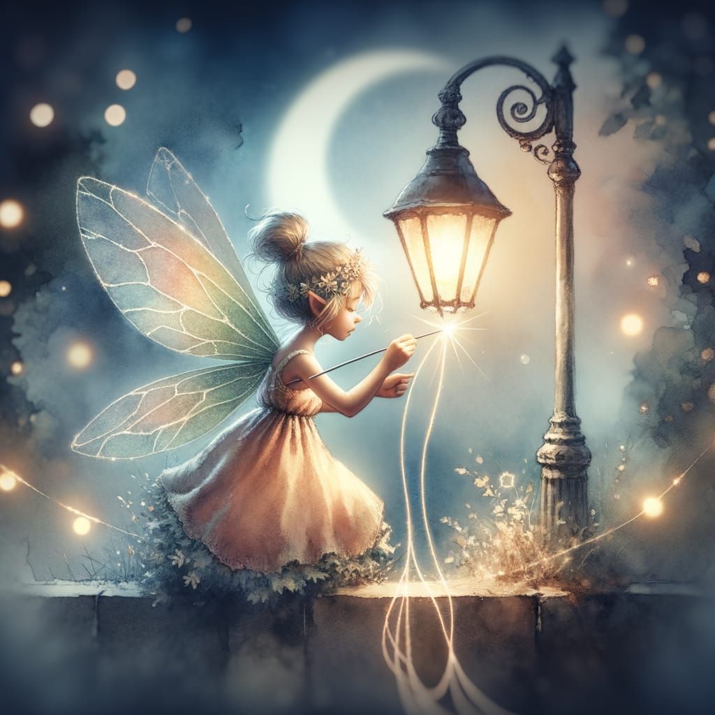 Tiny Fairy Repairs Streetlamp with Glowing Thread in Moonlit...
