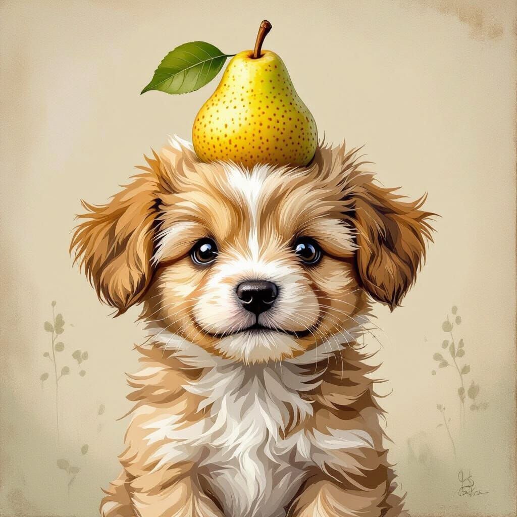 Puppy with Pear: Whimsical Illustration