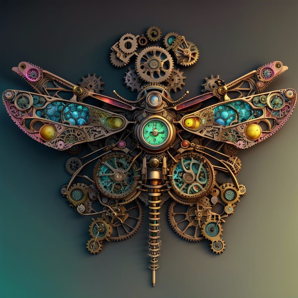 Clockwork Steampunk Dragonfly in Art Nouveau Style