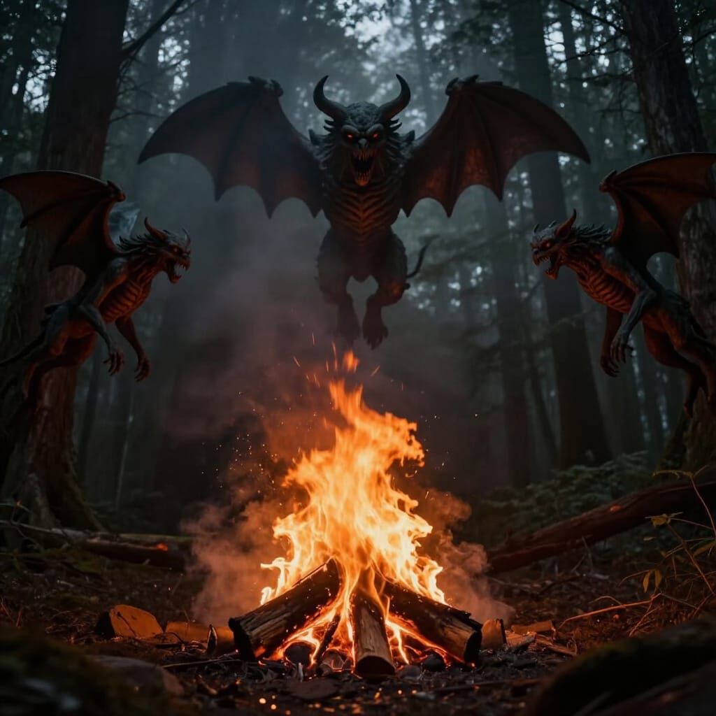 Gargoyles Emerge from Fiery Forest Pit in Gothic Horror Styl...