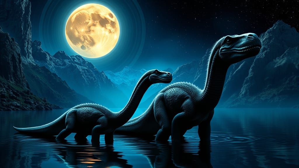 Neon Lake Dinosaurs in Futuristic Style