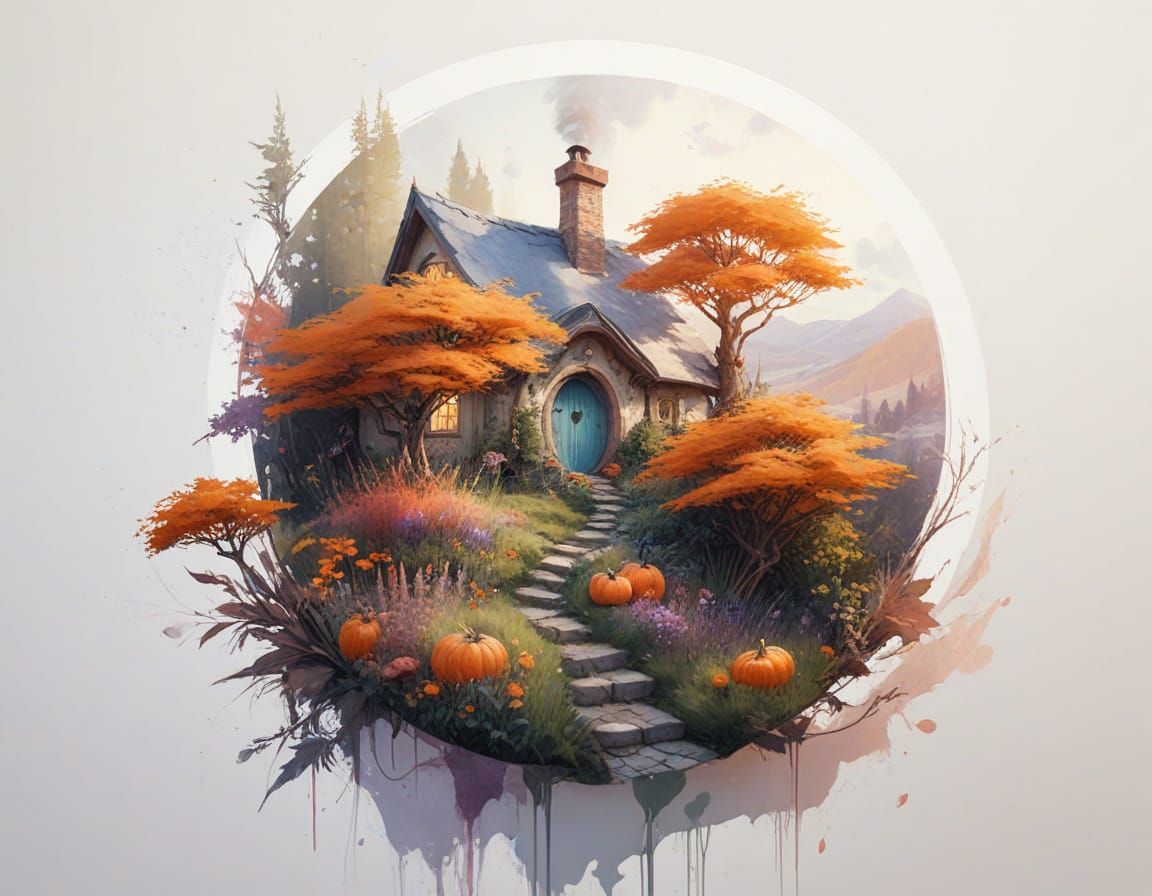 Charming Hobbit Home in Autumnal Watercolour