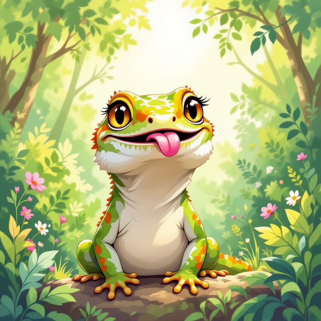 Smiling Gecko Cleans Eye in Lush Forest Storybook Style