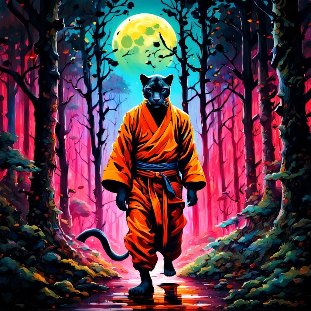 Shaolin Panther Walks Through Decayed Forest