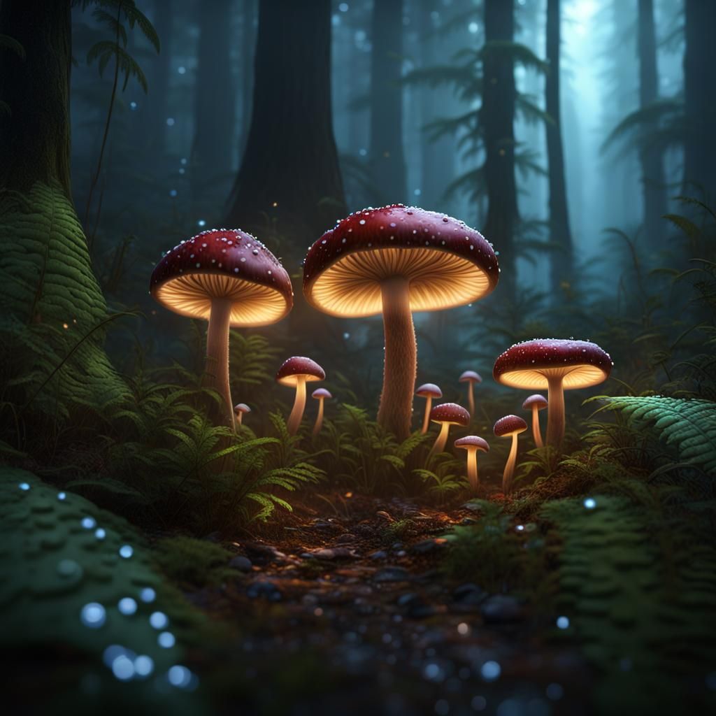 Glowing Mushrooms in Dew-Kissed Fern Forest