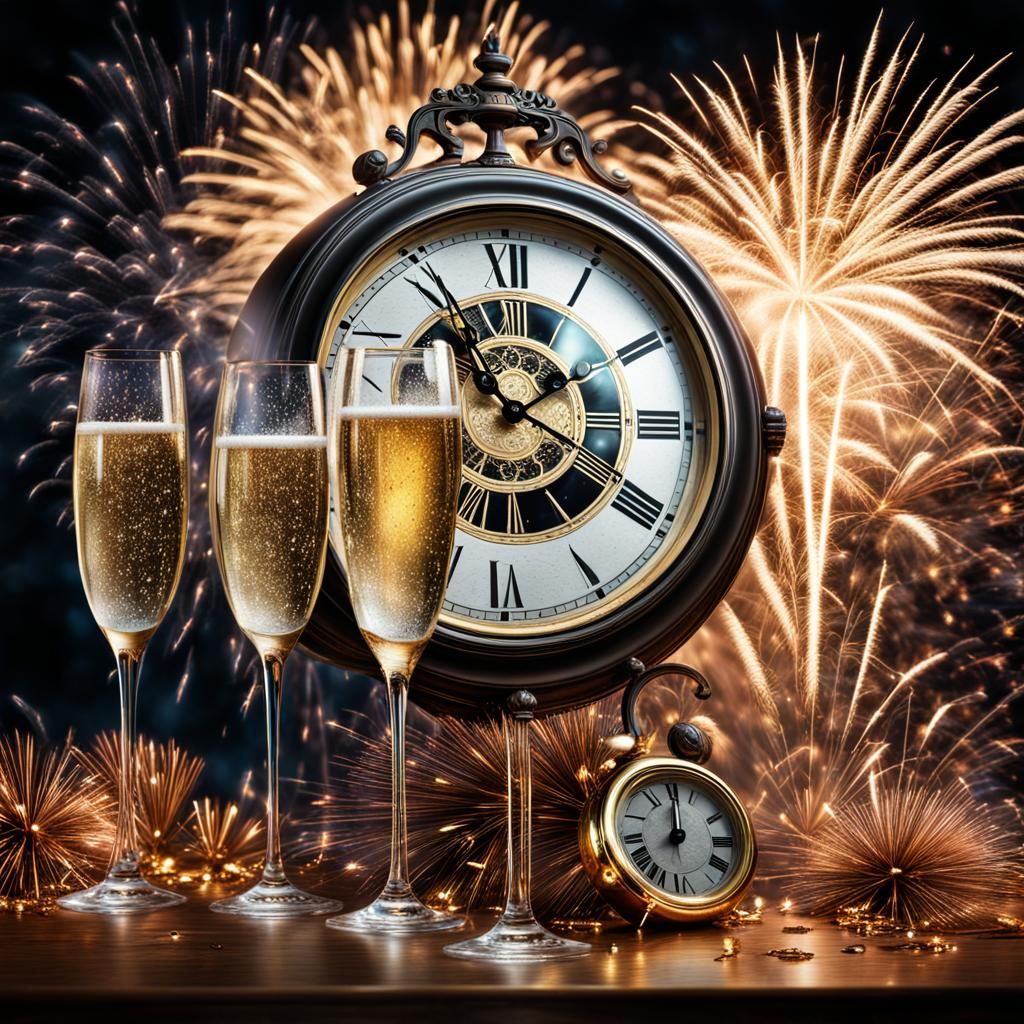 New Year's Clock with Champagne and Fireworks