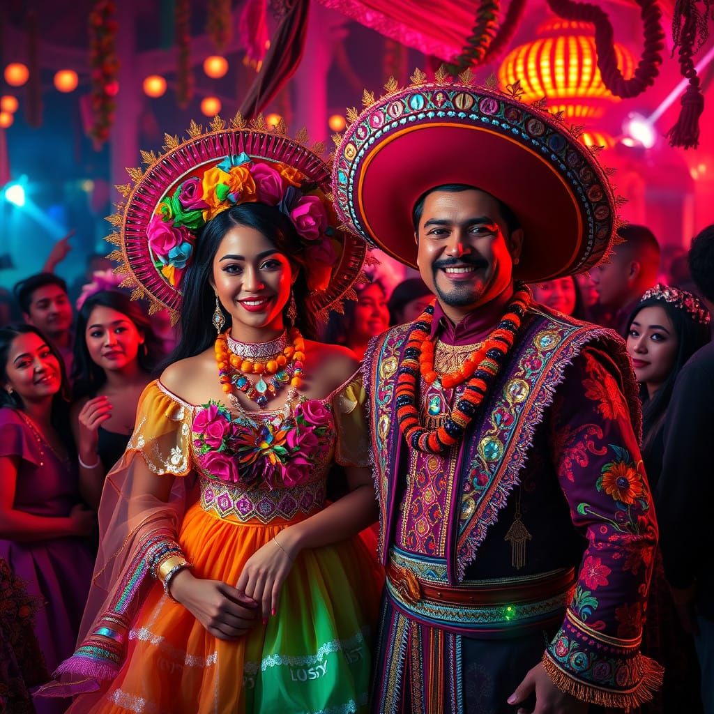 Vibrant Fiesta Scene in Neon Mexican Style