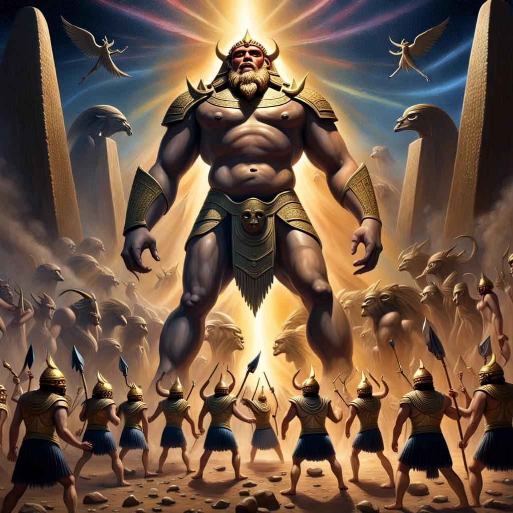 Gilgamesh Battles Giants in Biblical Oil Painting