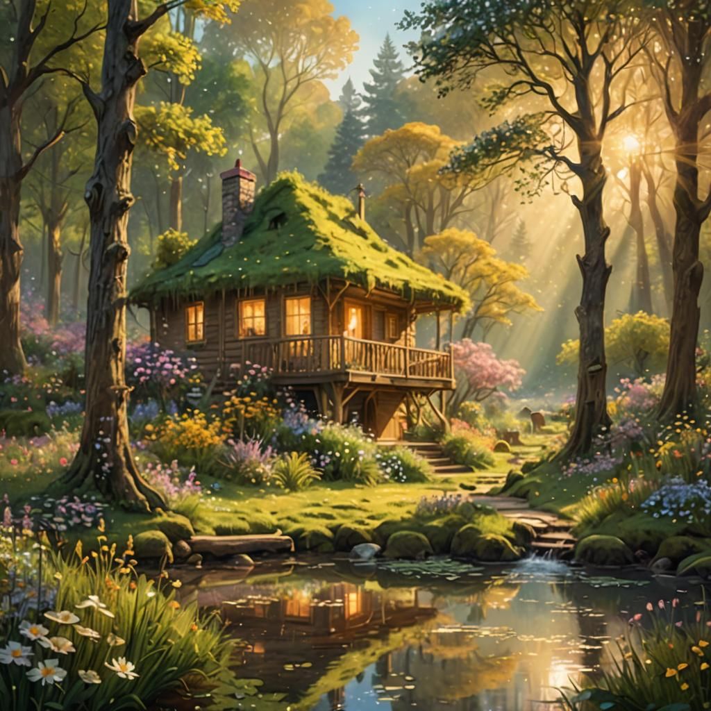 Enchanted Forest Cabin in Impressionist Style