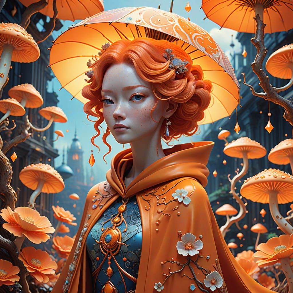 Enchanting Orange Dreamscape with Whimsical Woman