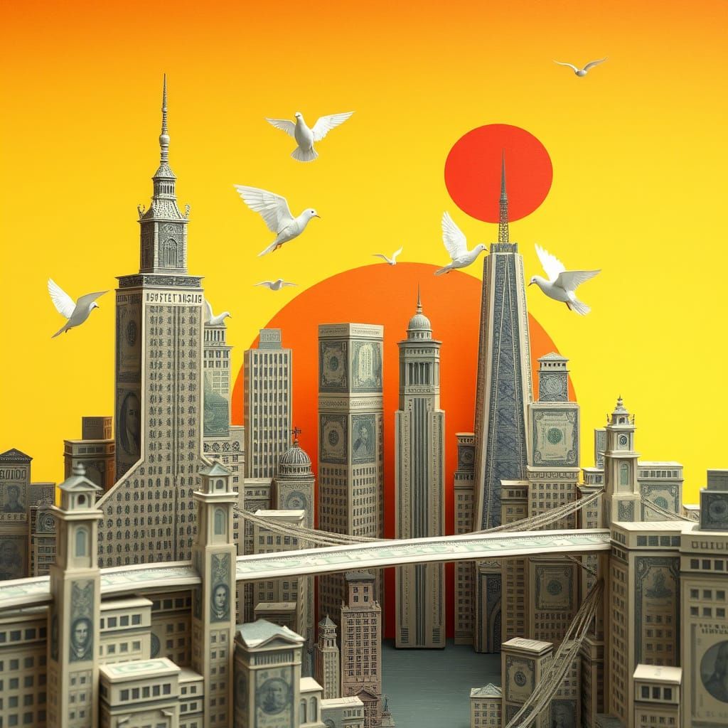 Paper Money Cityscape: Origami Buildings and Golden Sky