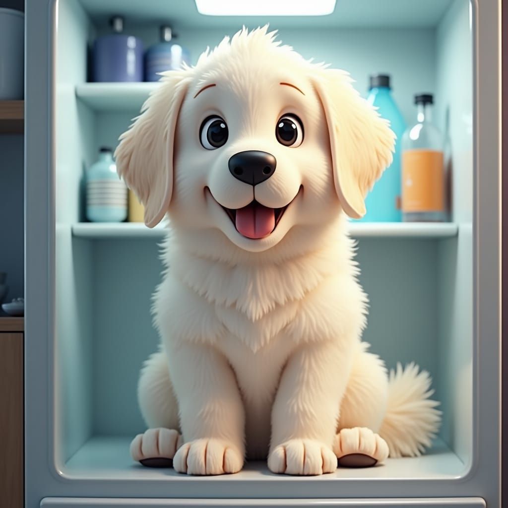 Cute Cartoon Puppy Cools Off in Refrigerator