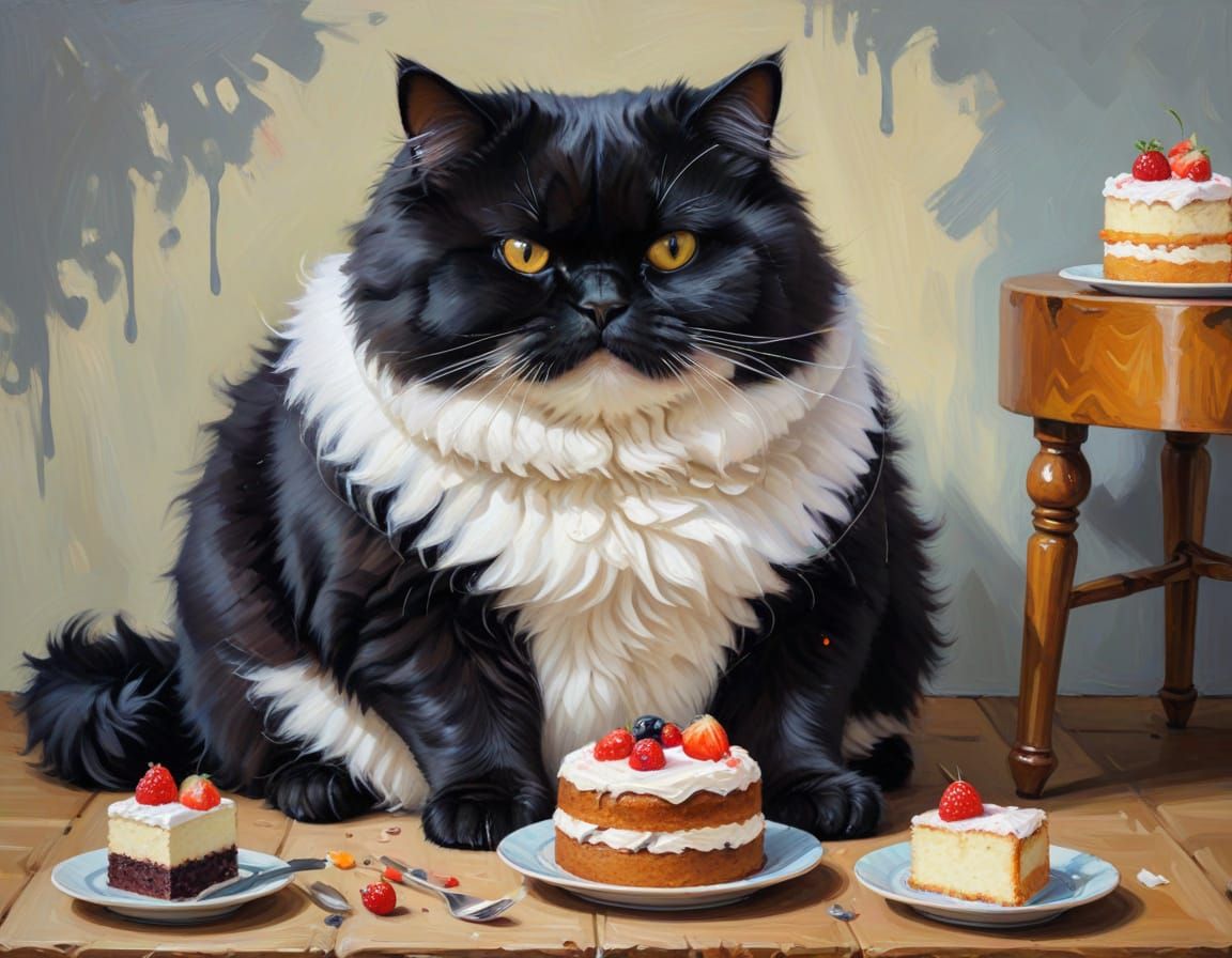 A Plump Feline Indulges in a Rich Dessert