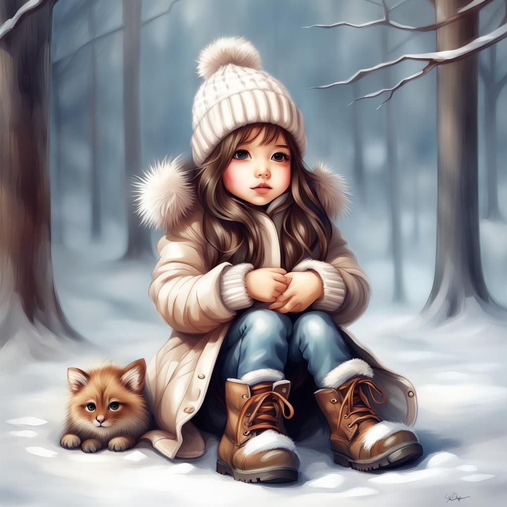 Charming Chibi Girl in Winter Outfit, Digital Art