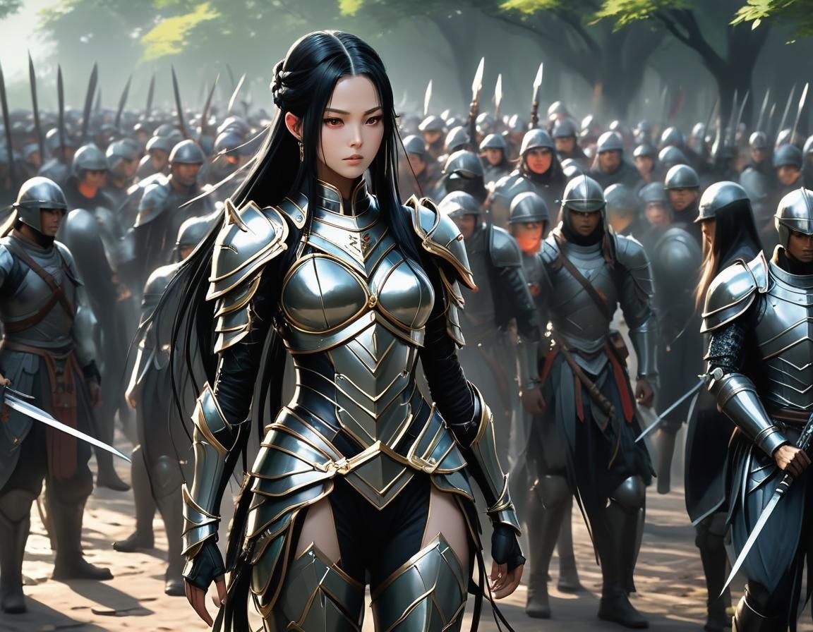 Elf woman general stands with the soldiers as a monster army...