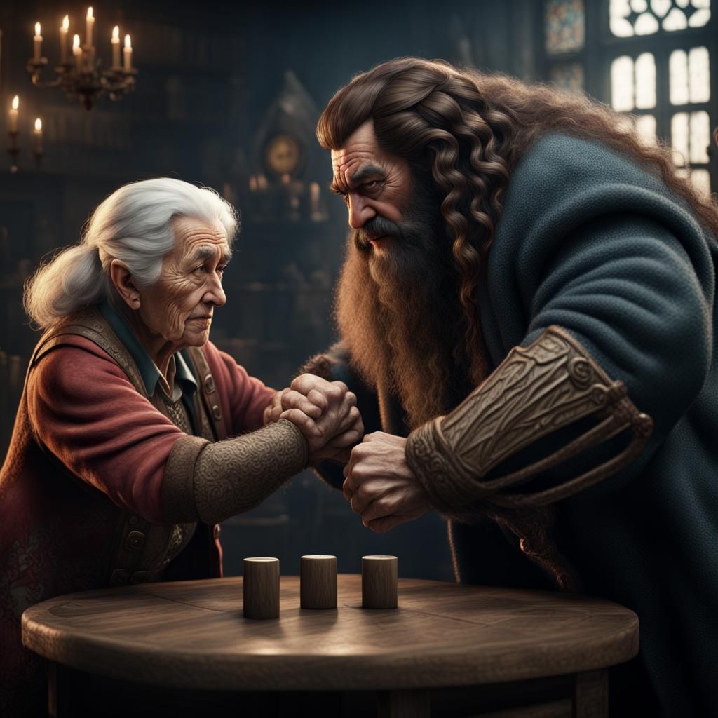 Hagrid Arm Wrestles Woman: Detailed Matte Painting