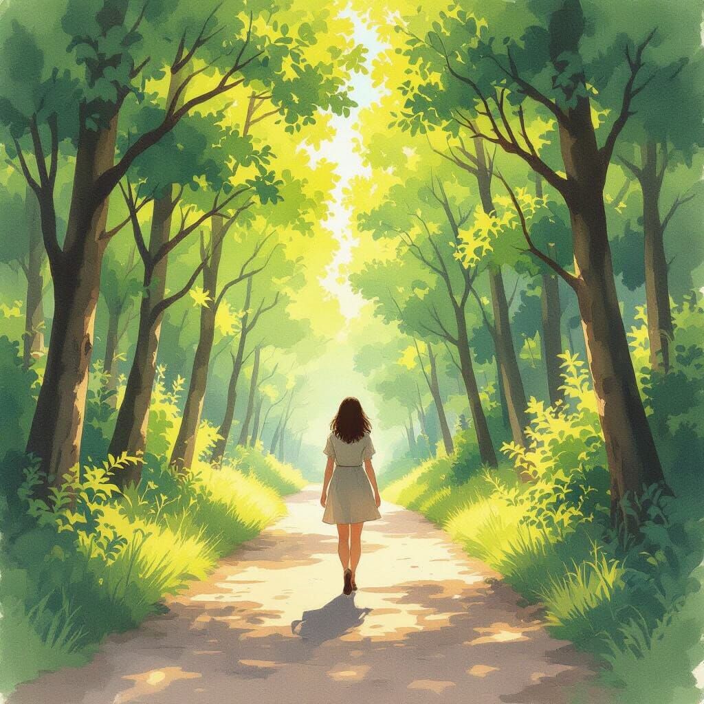 Woman Walking in Sunlit Forest, Watercolor Style