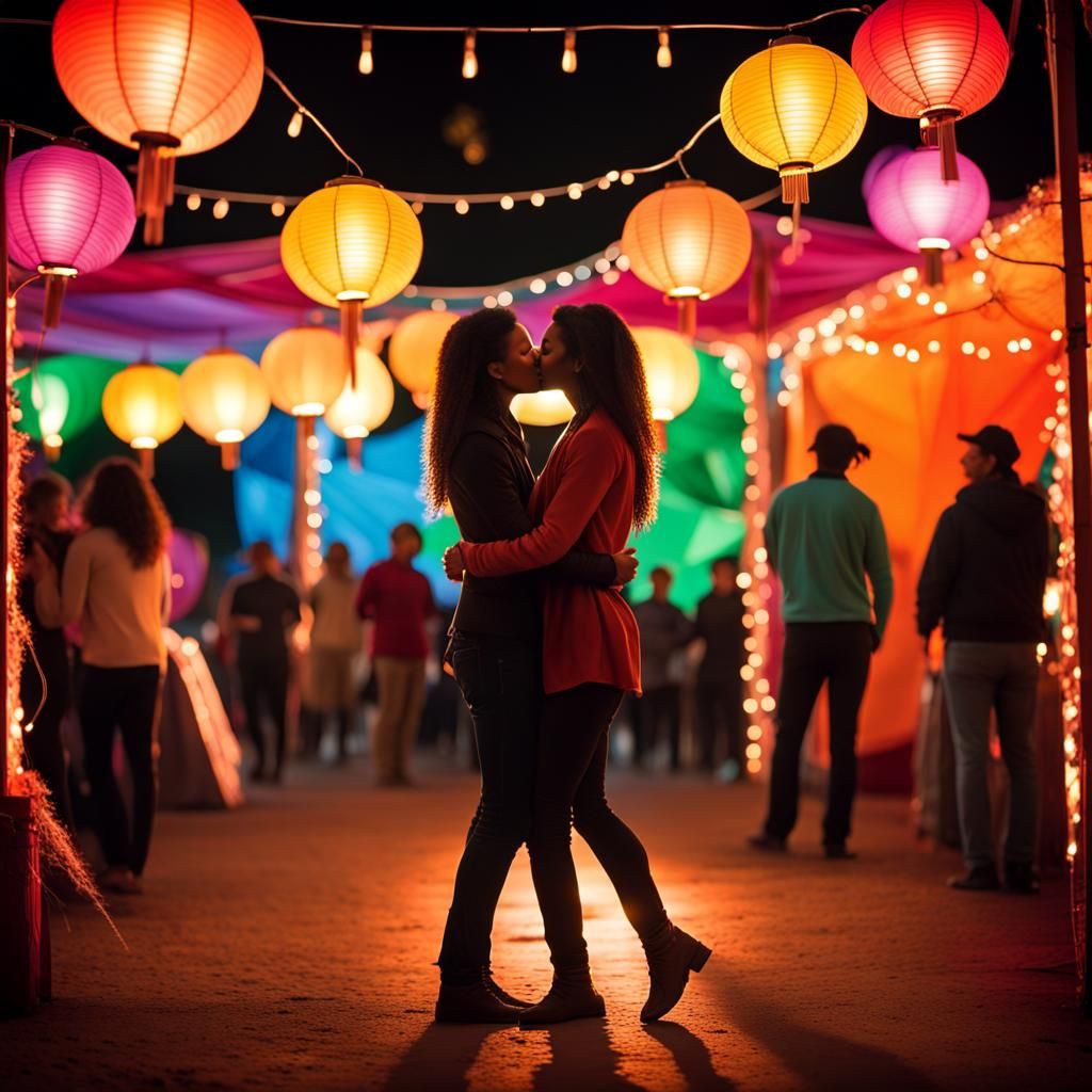 Lesbian Couple Kissing at Festival of Lights