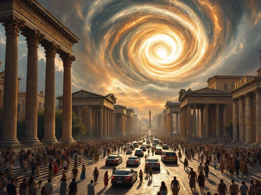 Modern City Meets Ancient Rome in Hyperrealistic Style