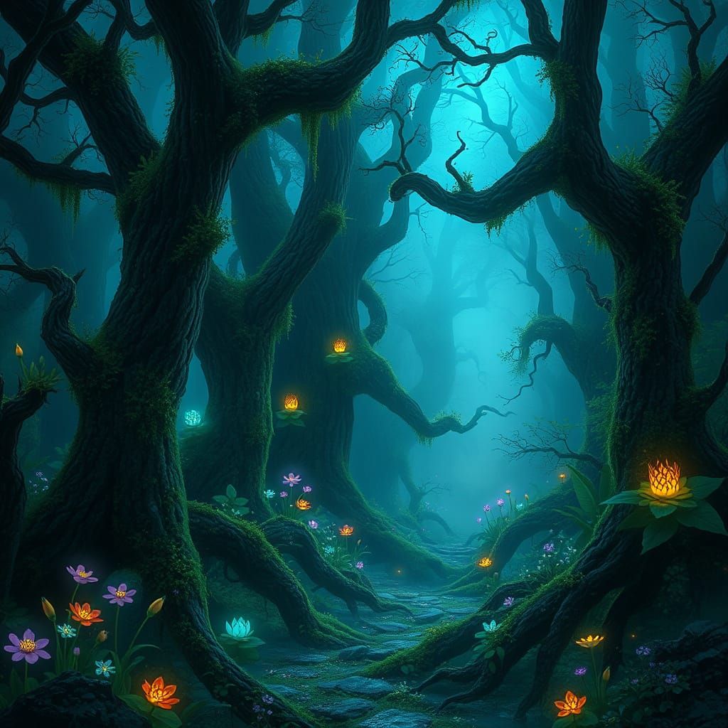 Mystical Glowing Forest with Ethereal Light