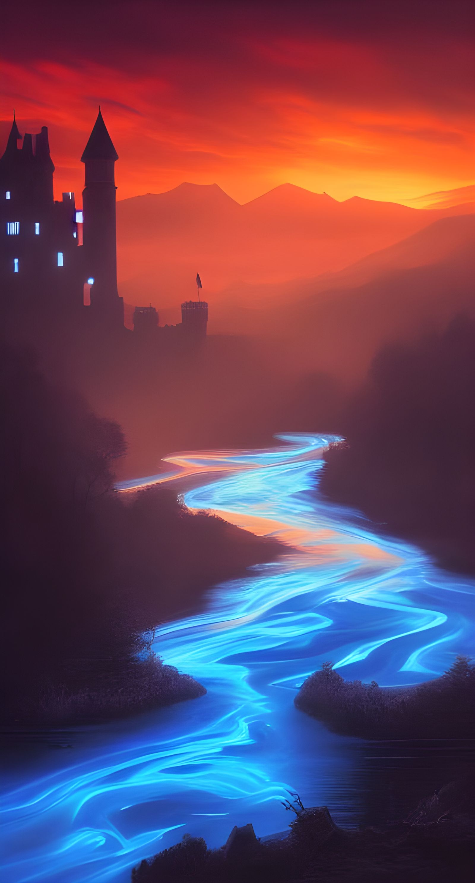 Glowing River and Dark Castle Tower at Sunset
