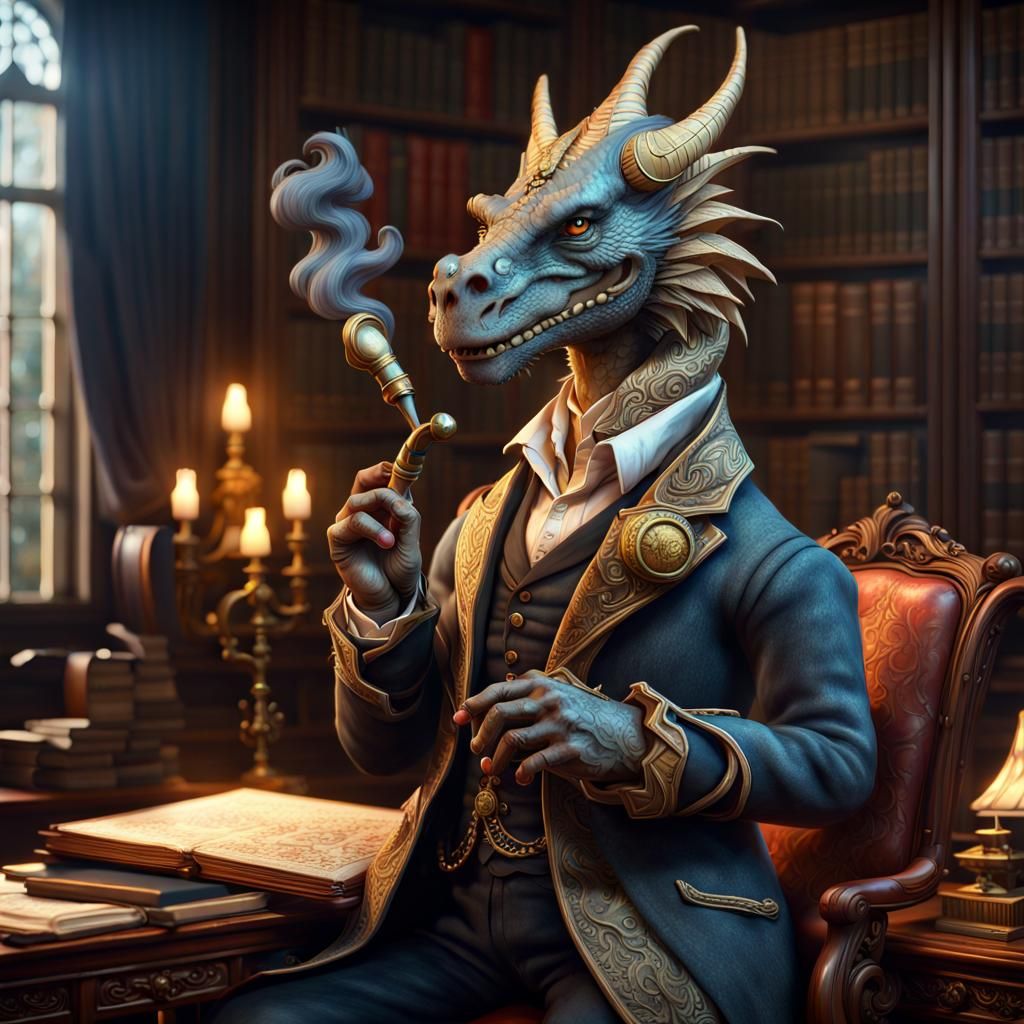 Victorian Dragon Smokes Pipe in Library, 3D Graphics