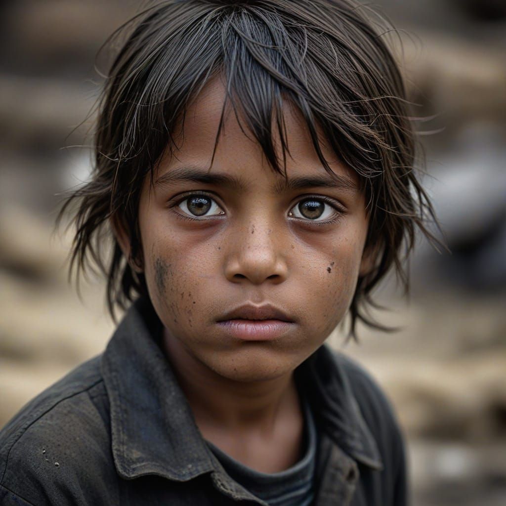 Young Child's Haunting Gaze Amidst Ruins